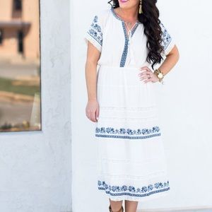ANTHRO Blue Tassel Embroidered Peasant Dress